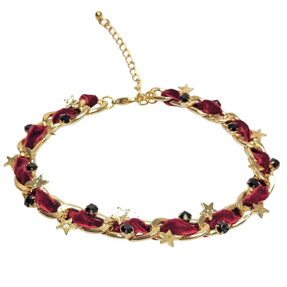 Star Charm Black Rhinestone Red Velvet and Gold Chain Choker